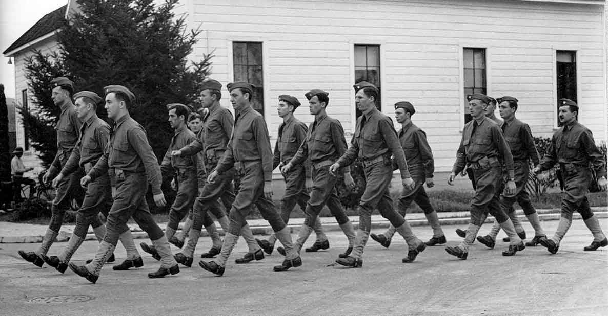 St. Helena Militia drilling at Legion Hall before leaving for Camp San Luis Obispo, 1941.