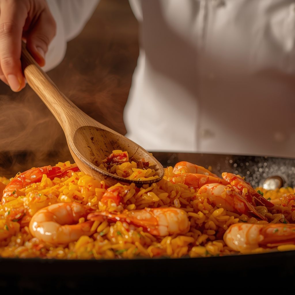 Chef stirring a pan of seafood paella with a wooden spoon