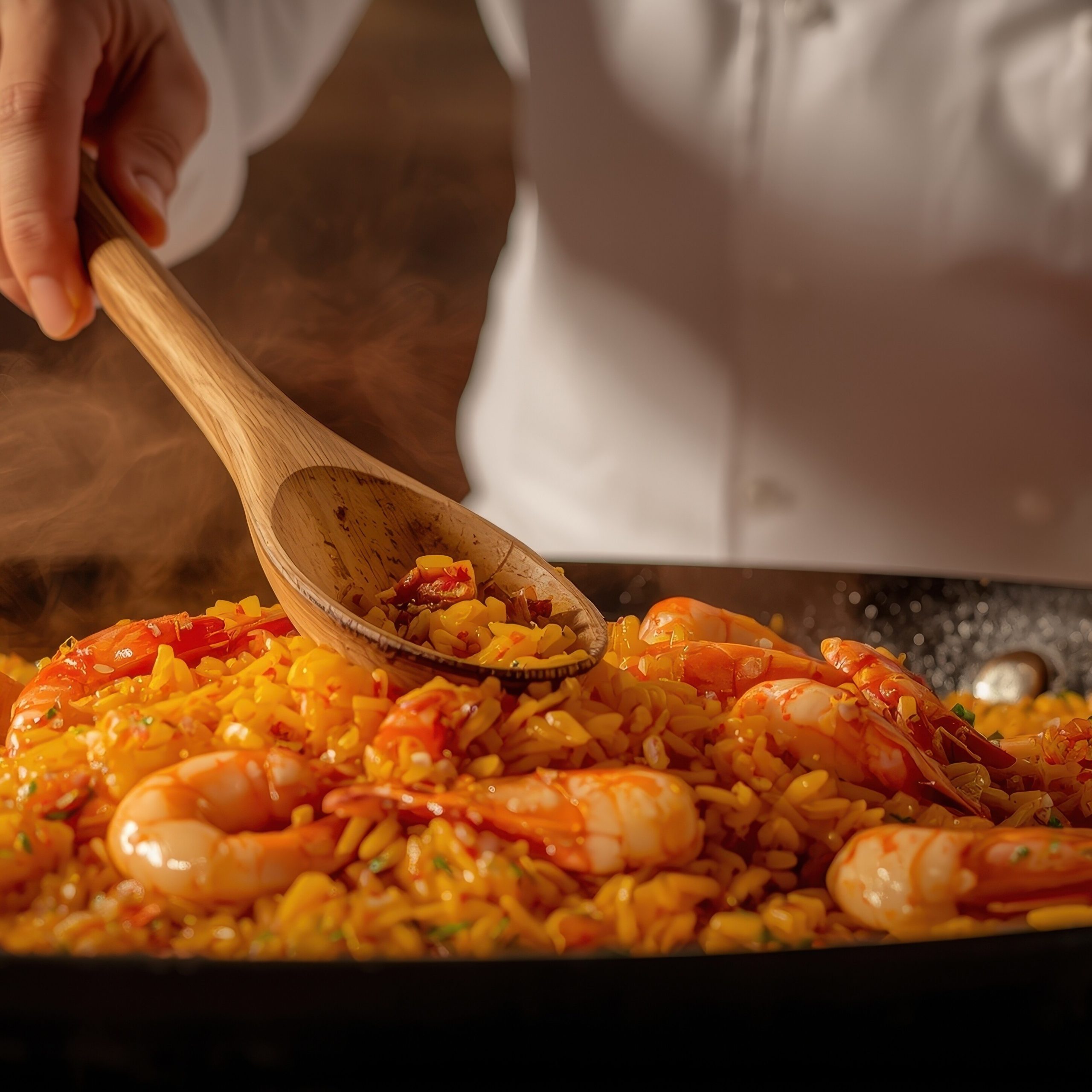 Chef stirring a pan of seafood paella with a wooden spoon